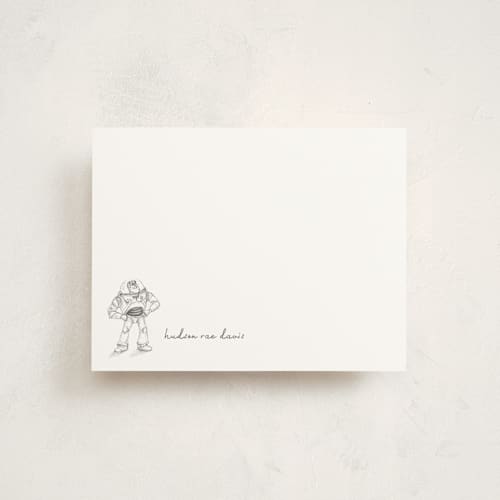 This is a silk personalized stationery thank you cards with standard by Anna Black called pixar's toy story in pencil printing on signature in 4.25x5.5