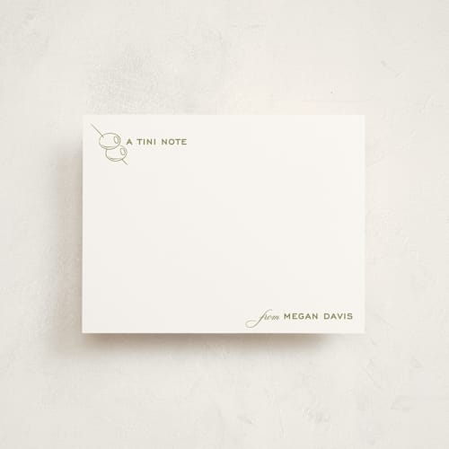 This is a olive personalized stationery thank you cards with standard by Megan Davis called dirty martini printing on signature in 4.25x5.5