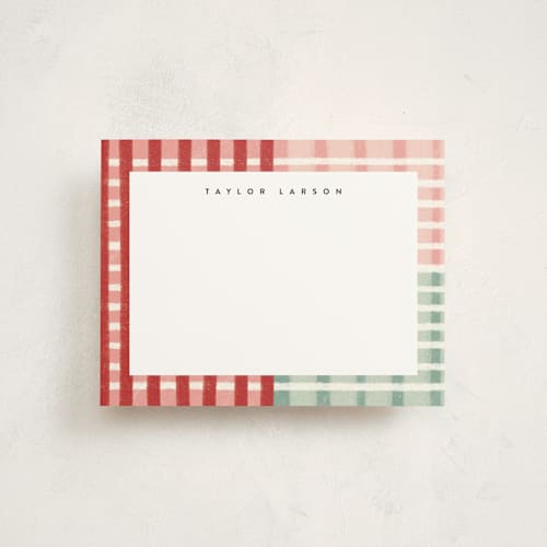 This is a poinsettia personalized stationery thank you cards with standard by Emily Sabol Goss called drawn plaid printing on signature in 4.25x5.5
