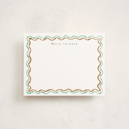 This is a mint chocolate personalized stationery thank you cards with standard by Cass Loh called watercolor wavy border printing on signature in 4.25x5.5