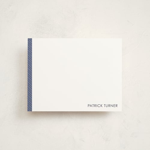 This is a navy personalized stationery thank you cards with standard by Seth Caskey called herringbone printing on signature in 4.25x5.5