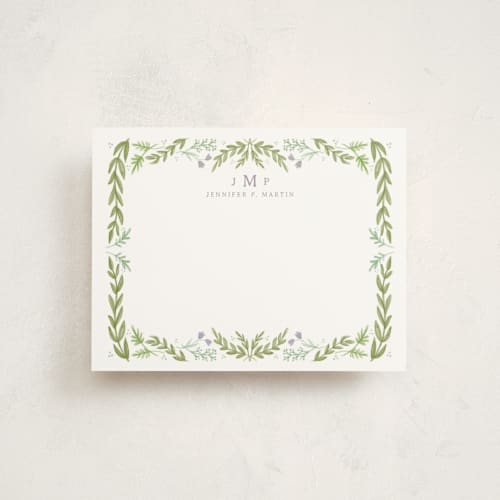 This is a lilac personalized stationery thank you cards with standard by Heather Cairl called framed in floral printing on signature in 4.25x5.5