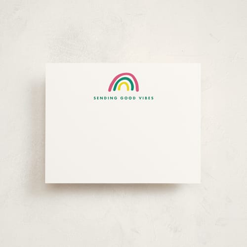 This is a leprechaun personalized stationery thank you cards with standard by Stacey Meacham called rainbow dream printing on signature in 4.25x5.5