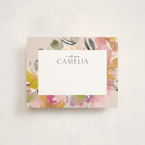 This is a blush personalized stationery thank you cards with standard by Lori Wemple called watercolor floral printing on signature in 4.25x5.5