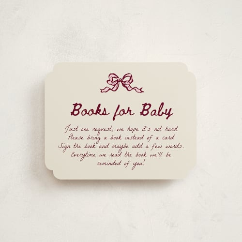 This is a rosewood baby shower insert cards with standard by Cass Loh called bow corners printing on signature in standard