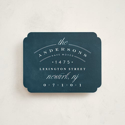 This is a navy moving announcements with standard by Phrosné Barwood called address logo printing on signature in standard