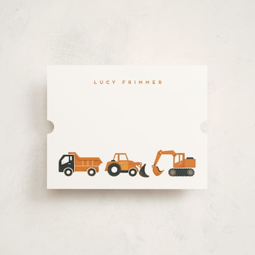 This is a tangerine kids thank you cards notes with standard by Snow and Ivy called big truck parade printing on signature in standard
