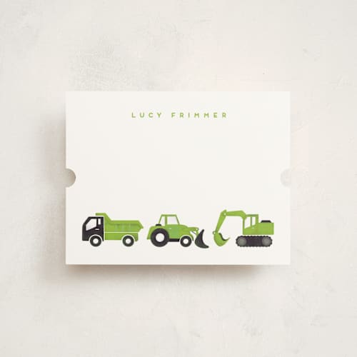 This is a lime kids thank you cards notes with standard by Snow and Ivy called big truck parade printing on signature in standard