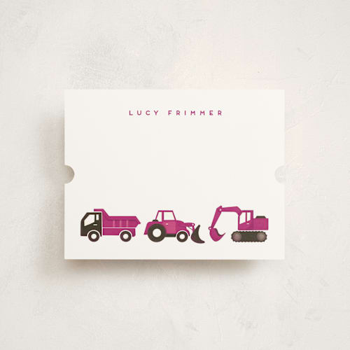 This is a magenta kids thank you cards notes with standard by Snow and Ivy called big truck parade printing on signature in standard
