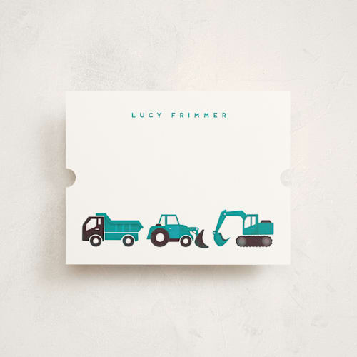 This is a teal kids thank you cards notes with standard by Snow and Ivy called big truck parade printing on signature in standard