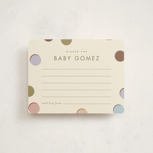 This is a muted baby shower insert cards with standard by Ellen Schlegelmilch called block letters printing on signature in standard