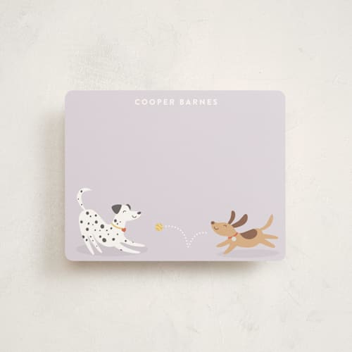 This is a lavender kids thank you cards notes with standard by Susan Asbill called playful pups printing on signature in standard