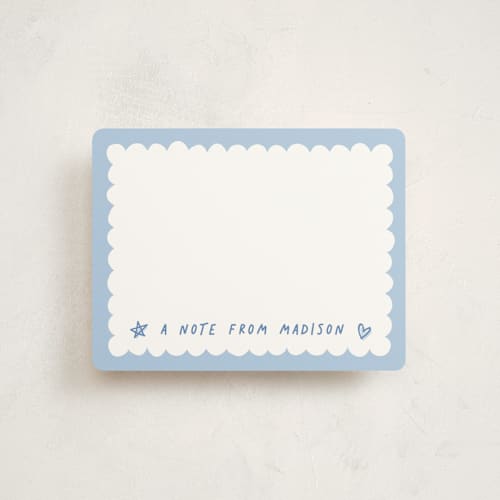 This is a periwinkle kids thank you cards notes with standard by Hooray Creative called scallop border printing on signature in standard