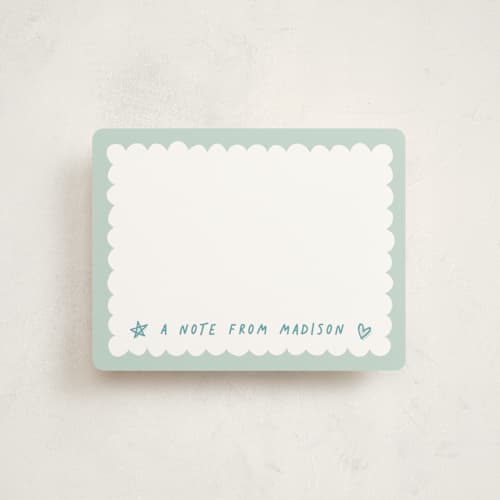 This is a seafoam kids thank you cards notes with standard by Hooray Creative called scallop border printing on signature in standard