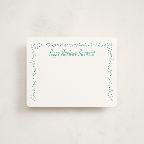 This is a teal forget me nots kids thank you cards notes with standard by Kate Ross called tiny flora printing on signature in standard