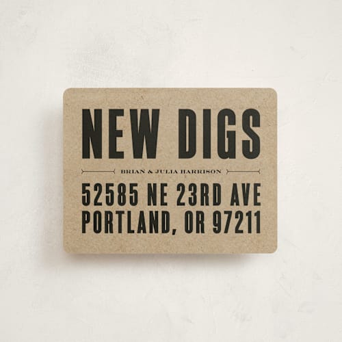 This is a mocha moving announcements with standard by Olivia Raufman called new digs printing on signature in standard
