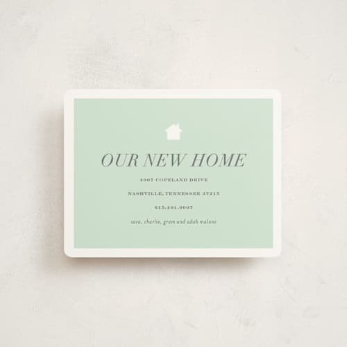 This is a mint moving announcements with standard by Sara Hicks Malone called house and home printing on signature in standard
