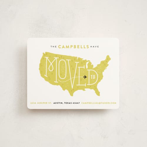 This is a goldenrod moving announcements with standard by Jennifer Wick called cross country move printing on signature in standard