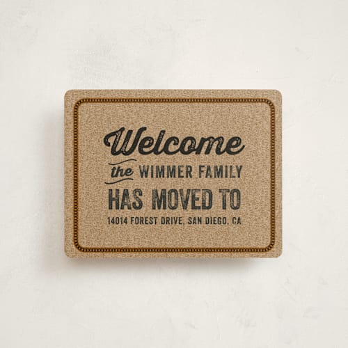 This is a bamboo moving announcements with standard by iamtanya called welcome door mat printing on signature in standard