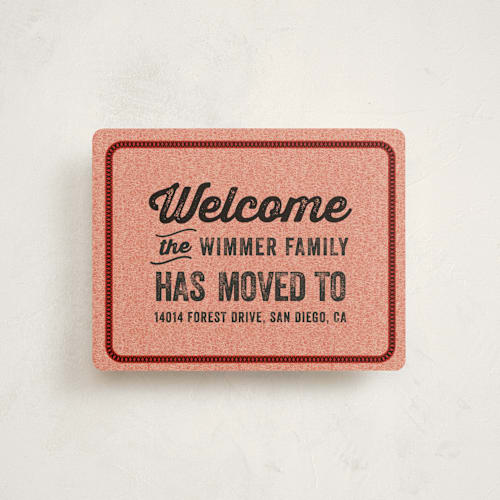 This is a cherry red moving announcements with standard by iamtanya called welcome door mat printing on signature in standard