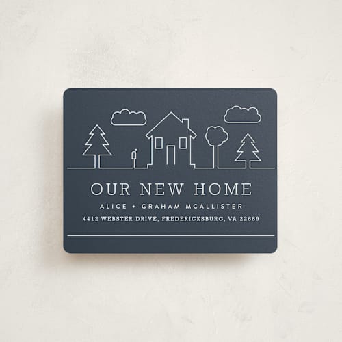 This is a denim moving announcements with standard by Carly Reed Walker called suburban landscape printing on signature in standard