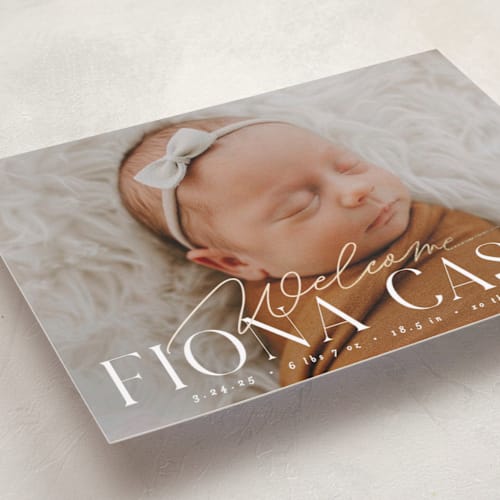 This is a cotton foil stamped birth announcements with foil pressed by Everett Paper Goods called welcoming printing on smooth signature in standard