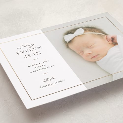 This is a pearl foil stamped birth announcements with foil pressed by Pixel and Hank called sweetheart printing on smooth signature in standard