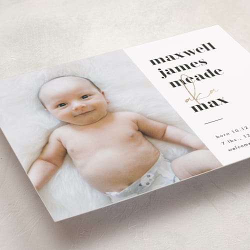This is a classic foil stamped birth announcements with foil pressed by Lehan Veenker called a.k.a. printing on smooth signature in standard