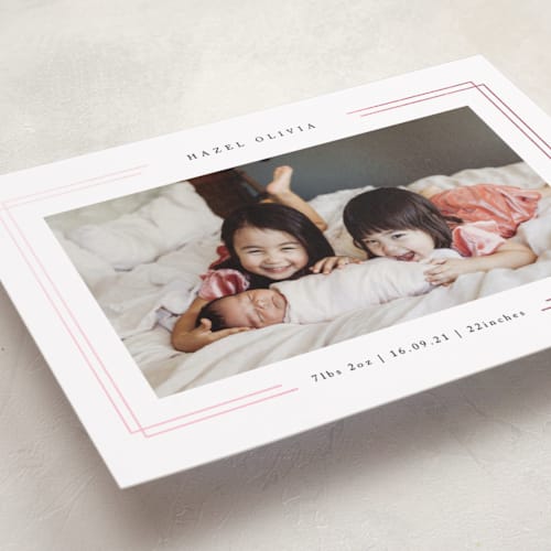 This is a rose foil stamped birth announcements with foil pressed by Kelly Schmidt called elegant frame printing on recycled smooth signature in standard