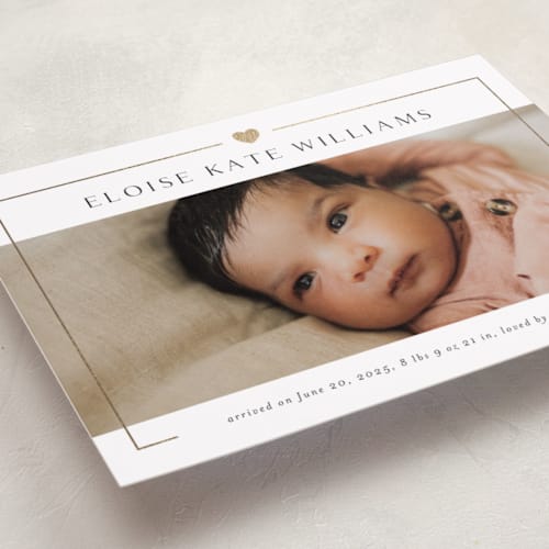 This is a ink foil stamped birth announcements with foil pressed by Kasia Labocki called lovely printing on smooth signature in standard