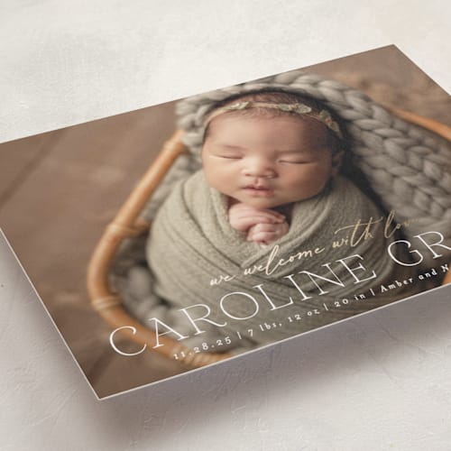 This is a ivory foil stamped birth announcements with foil pressed by Ekko Studio called loving welcome printing on smooth signature in standard