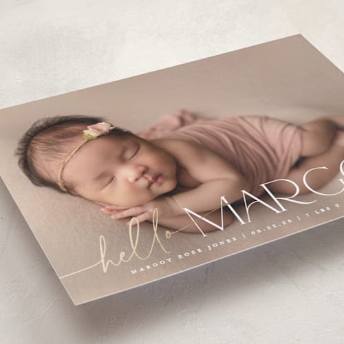 This is a cotton foil stamped birth announcements with foil pressed by Robert and Stella called a big hello printing on smooth signature in standard