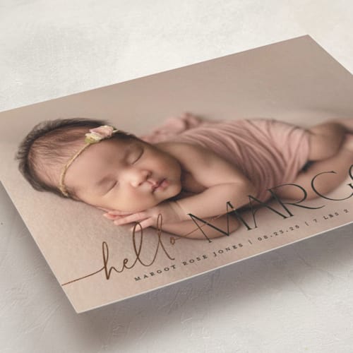 This is a ink foil stamped birth announcements with foil pressed by Robert and Stella called a big hello printing on smooth signature in standard