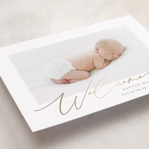 This is a milk foil stamped birth announcements with foil pressed by Carolyn MacLaren called charming welcome printing on smooth signature in standard