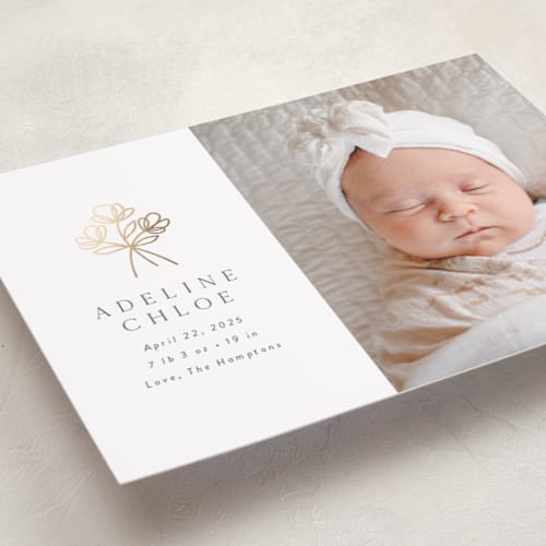 This is a snow foil stamped birth announcements with foil pressed by Susan Asbill called little posy printing on smooth signature in standard