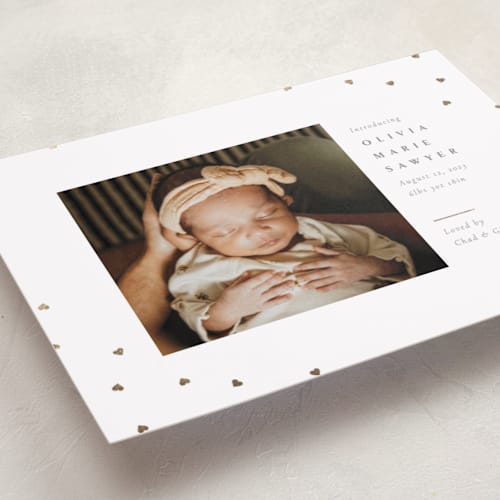 This is a cotton foil stamped birth announcements with foil pressed by Meggy Masters called heart sprinkle printing on smooth signature in standard