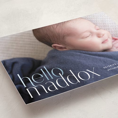This is a blue jay foil stamped birth announcements with foil pressed by Hooray Creative called well, hello printing on smooth signature in standard