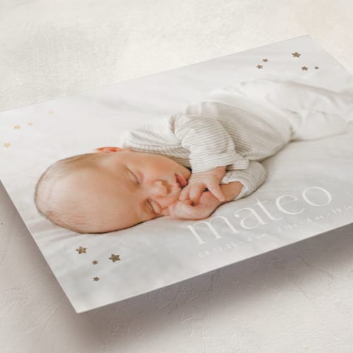 This is a cloud foil stamped birth announcements with foil pressed by Gwen Bedat called milky way printing on smooth signature in standard