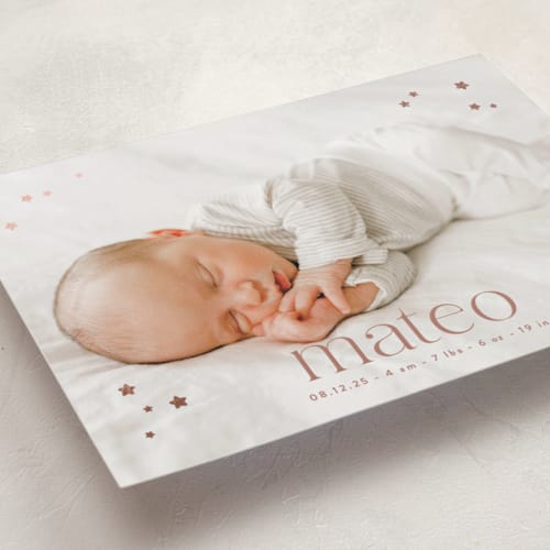 This is a rose foil stamped birth announcements with foil pressed by Gwen Bedat called milky way printing on recycled smooth signature in standard