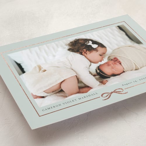 This is a aloe foil stamped birth announcements with foil pressed by Jessica Williams called ribbon wrap printing on recycled smooth signature in standard
