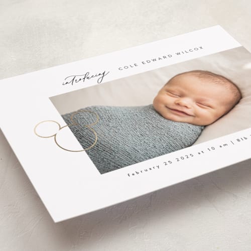 This is a marshmallow foil stamped birth announcements with foil pressed by Tamara Hilje called disney's mickey mouse clip printing on smooth signature in standard