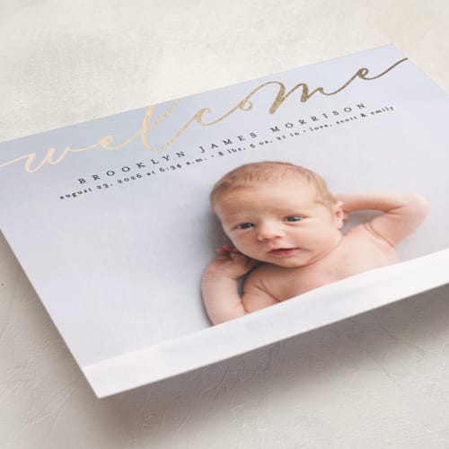 This is a onyx foil stamped birth announcements with foil pressed by Erica Krystek called welcome ribbon printing on smooth signature in standard