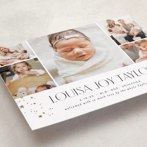 This is a pearl foil stamped birth announcements with foil pressed by Alethea and Ruth called star slideshow printing on smooth signature in standard