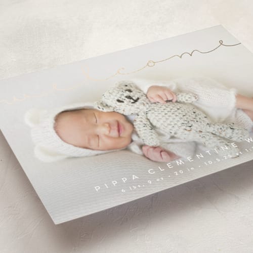 This is a cloud foil stamped birth announcements with foil pressed by Olivia Raufman called delicate welcome printing on smooth signature in standard