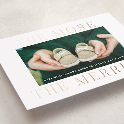 This is a pearl foil stamped birth announcements with foil pressed by Megan Davis called merriest occasion printing on smooth signature in standard