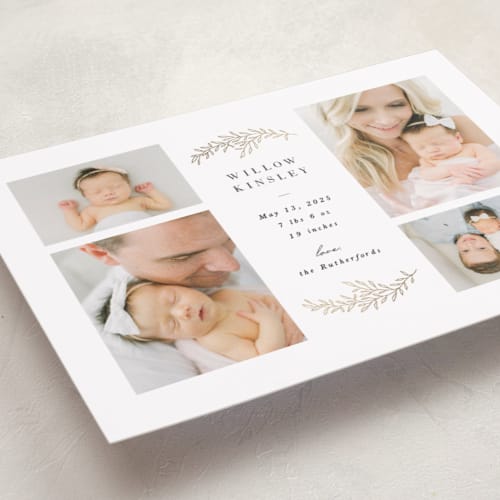 This is a onyx foil stamped birth announcements with foil pressed by Brandy Folse called delicate foliage printing on smooth signature in standard