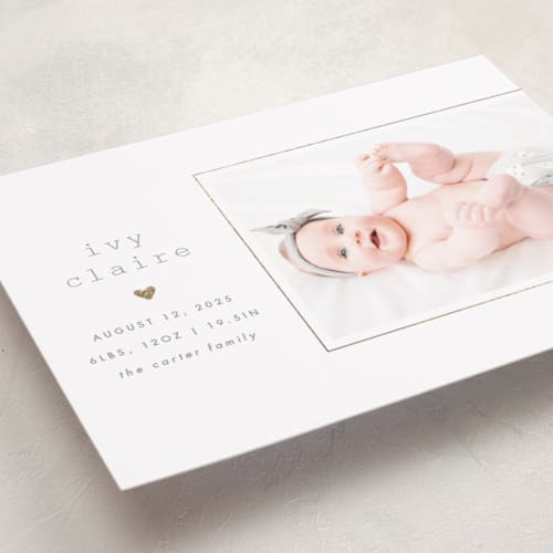 This is a cloud foil stamped birth announcements with foil pressed by Carolyn Nicks called our little love printing on smooth signature in standard
