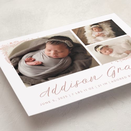 This is a burnt rose foil stamped birth announcements with foil pressed by Amy Payne called delicate collage printing on smooth signature in standard