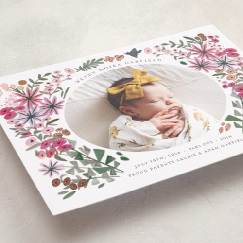 This is a rose foil stamped birth announcements with foil pressed by Morgan Ramberg called blossom baby printing on smooth signature in standard
