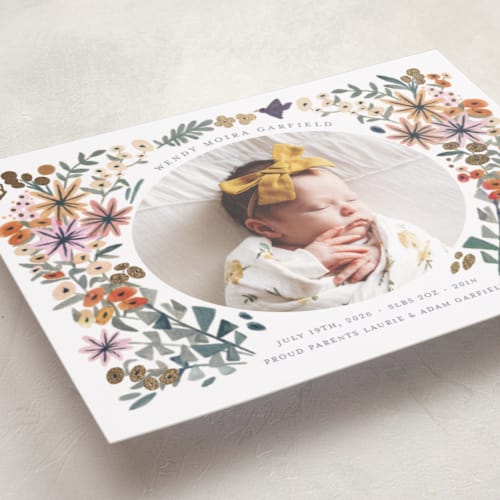 This is a buttercup foil stamped birth announcements with foil pressed by Morgan Ramberg called blossom baby printing on recycled smooth signature in standard